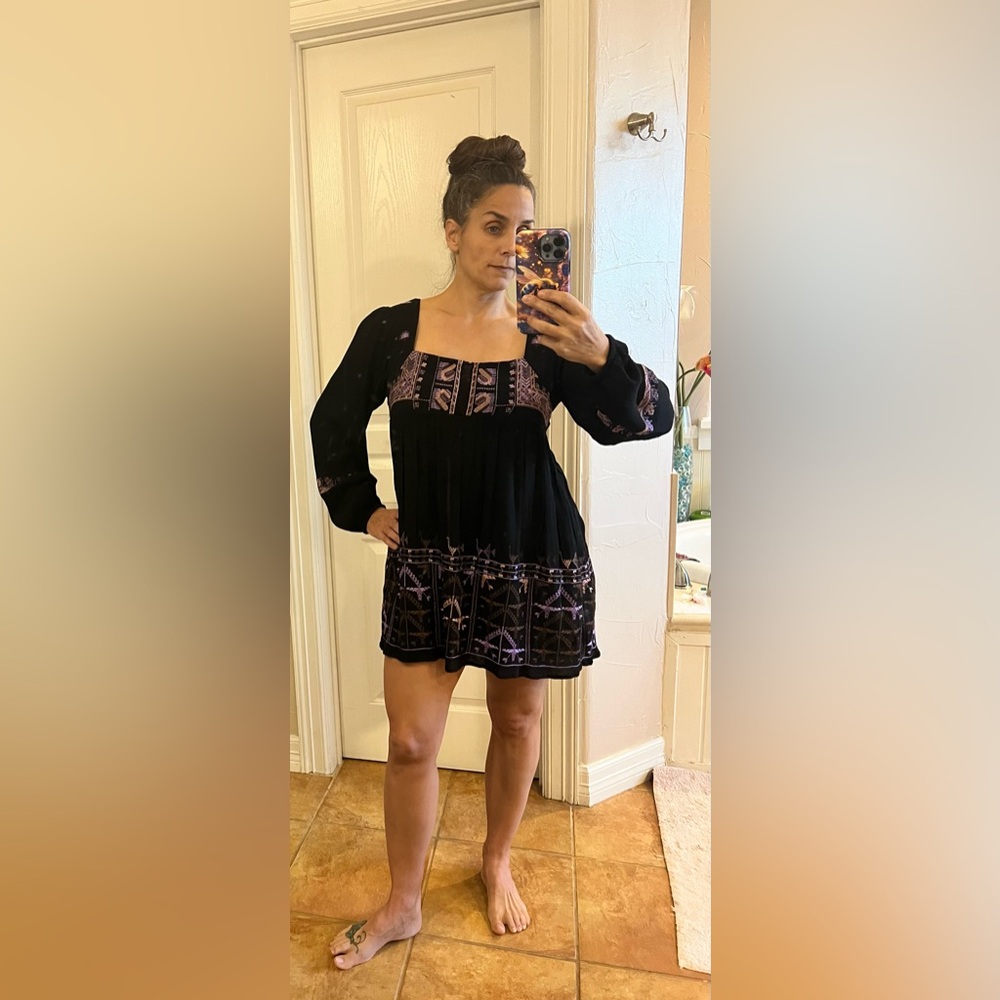 Free People Baby Doll Black and Purple Long Sleeve Dress